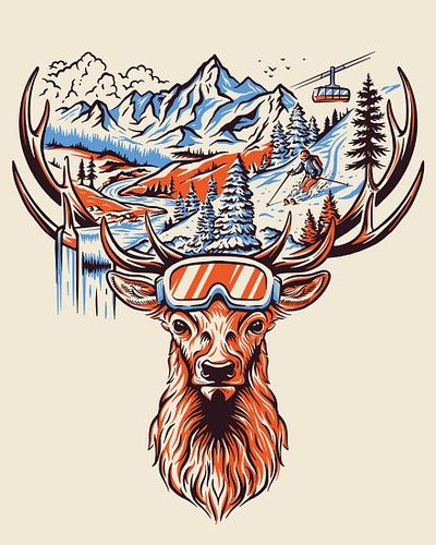 Rendezvous Music Fest antlers band branding deer elk festival forest gig poster graphic design illustration landscape mountain poster river ski snow snowboard teton vintage waterfall