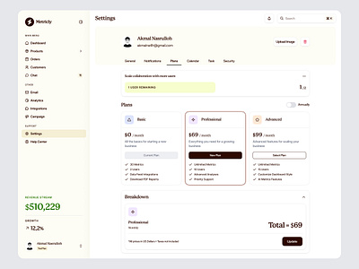 Metricly - Plans Page card clean dashboard design minimalist payments plans page price price plan pricing page pricing plan product design purchase sales analytics sales dashboard settings tools ui ux website