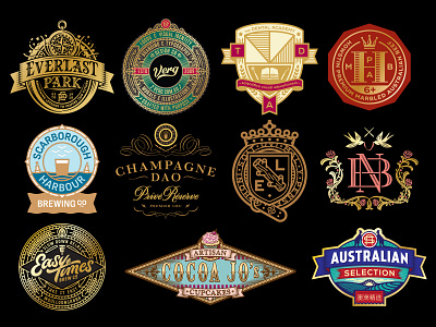 Emblem/ Shield Logos badge beer branding chocolate crests crown emblem illustration lettering logo logomark matt vergotis monogram shield verg