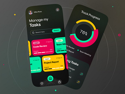 Task Management Mobile App android black charts clean dark theme dashboard design graphs ios minimal mobile mobile app mobile app design mobile ui project management task management task management mobile app ui user interface ux