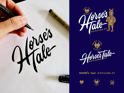 Horse's Tale Logo alcohol cursive design distillery gin gin label horse horseman illustration lettering logo logo design man matt vergotis monogram packaging design verg