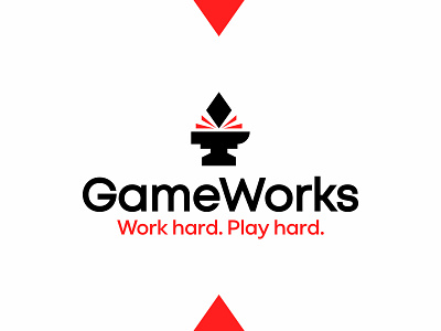 GameWorks, iGaming games developer logo design: diamond on anvil anvil bets betting blockchain casino crypto diamond forge game works games developer gaming ibets ibetting igames igaming logo logo design playing cards sparks web3