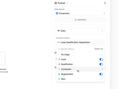 Attio – Stage / Status picker attio cards clean configuration crm indicator dots input intuitive popover radio buttons reporting selectors sidebar ui stage selector stages status picker ui user centered ux