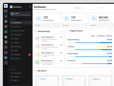 E-Learning Dashboard - EduQuest course app dashboard elearning digital education e learning e learning app e learning platform education elearning learning learning platform online class online course online education online learning study ui design virtual classroom web design webinar workshop