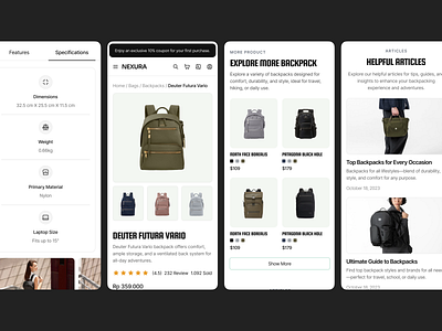 Nexura - Travel Gear Responsive Details Page accessories adventure app design bags camping design e commerce ecommerce gear hiking mobile mobile app responsive responsive website shop store travel traveler ui ux