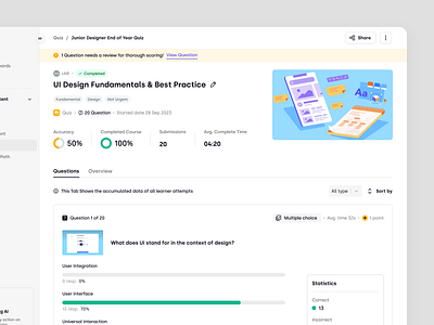 Trenning - Course Learner Quiz Details in a SaaS LMS course education education platform learner learning management system learning path learning platform lms product design quiz saas saas design staff training student team training ui ux web app web design wiki