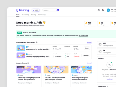 Trenning - Learner Homepage for a SaaS LMS course dashboard education education platform homepage learner learning management system learning path lms product design saas saas design staff training student team training ui ux web app web design wiki