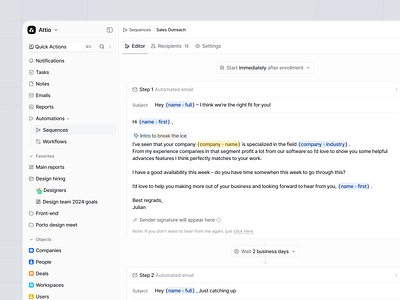 Attio – Sequences (Editor) ai cards clean configuration content variables crm crm management email interface sequences steps timeline ui user centered